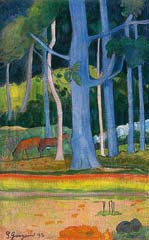 Motief Gauguin - Landschap met blauwe boomstammen